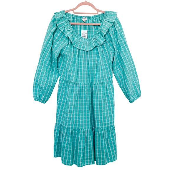 J. Crew Dress Womens Sz 10 Aqua Seersucker Plaid Ruffle Mini Cottagecore Prairie - Picture 1 of 6